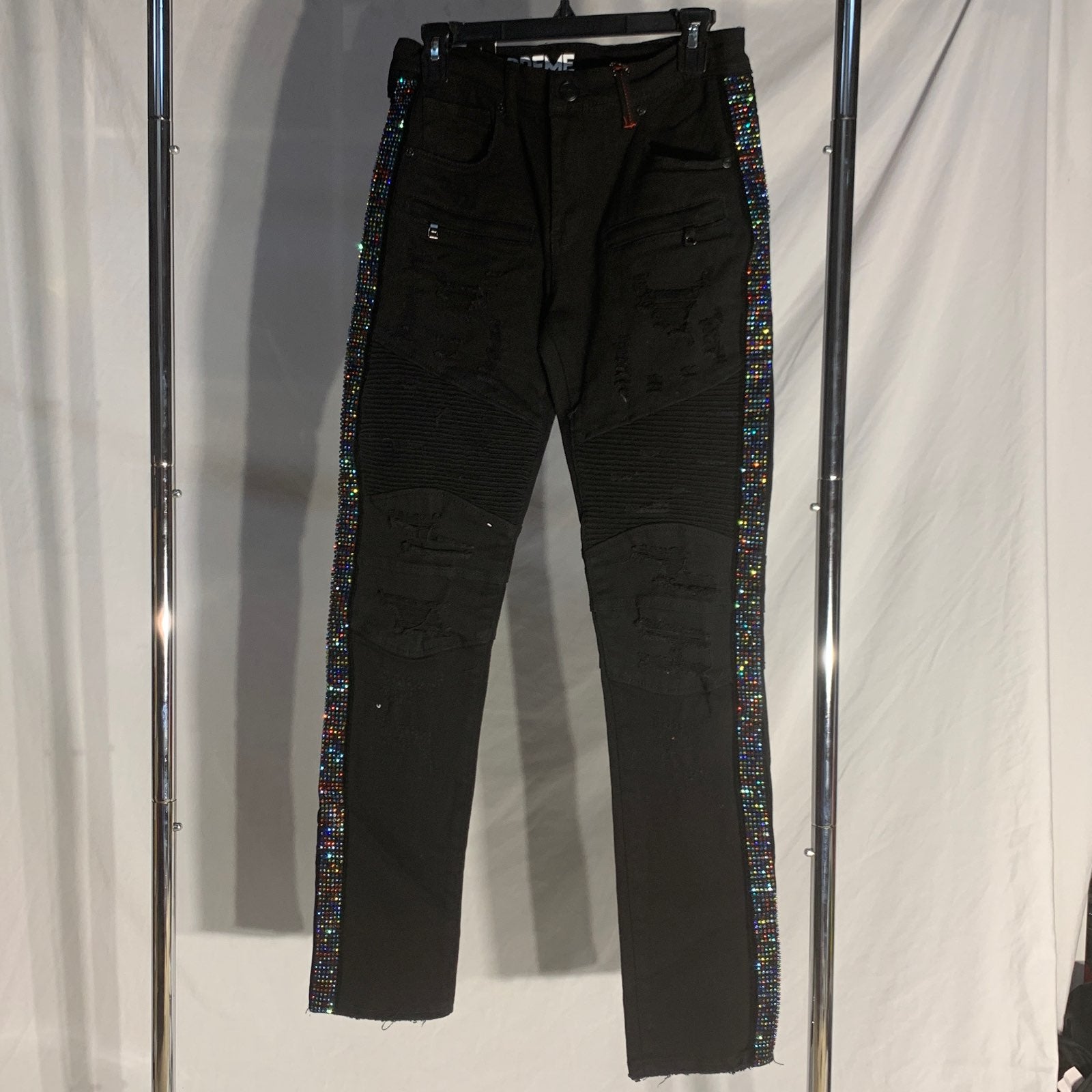 PREME Designer Bedazzled Ripped Black Denim Jeans Streetwear Mens 36