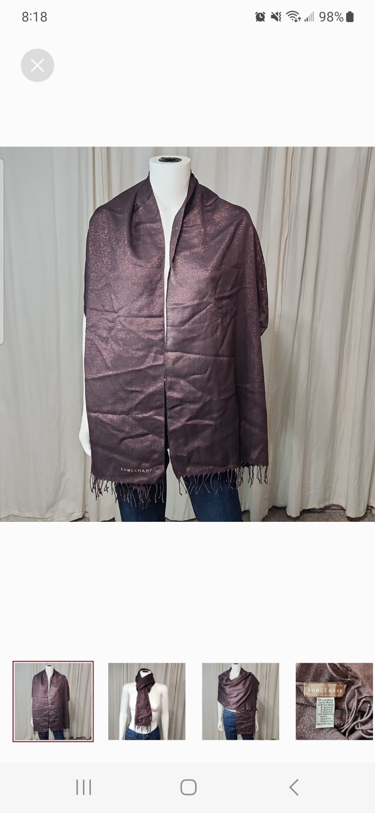 Longchamp Lana Wool Blend Scarve/ Wrap Brown with Cooper Tencil
