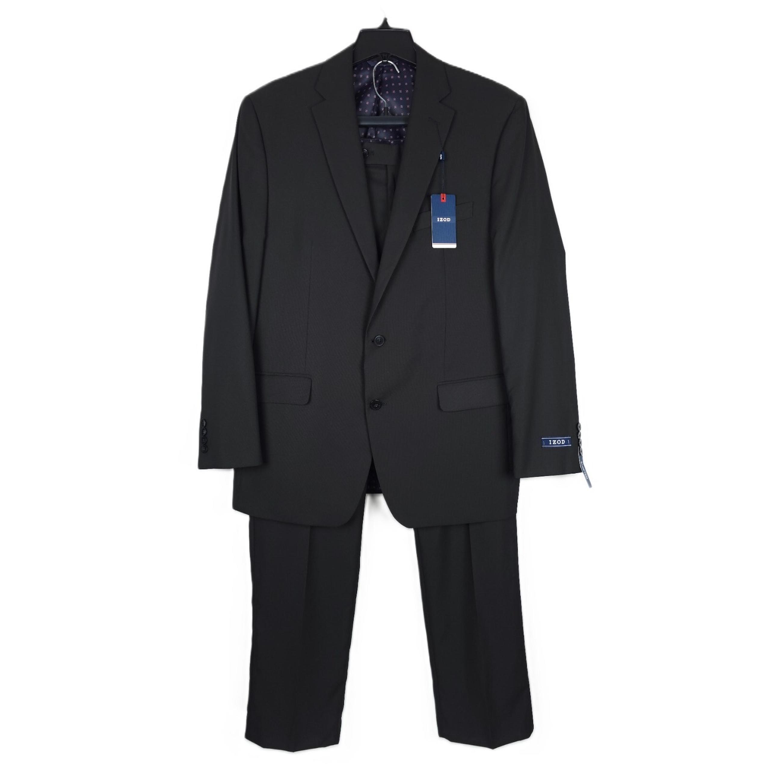 Izod Men's Classic-Fit Stretch 2-Piece Suit Textured Black Solid 44L 38x33 NWT