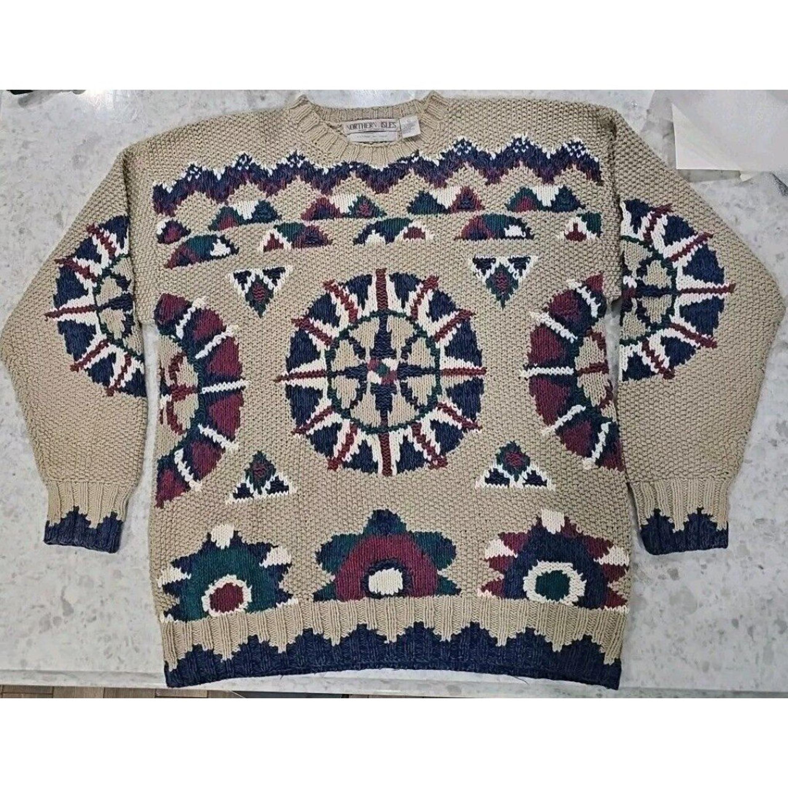 Vintage Northern Isles Sweater Women’s XL Multicolor Hand Knit Abstract Chunky