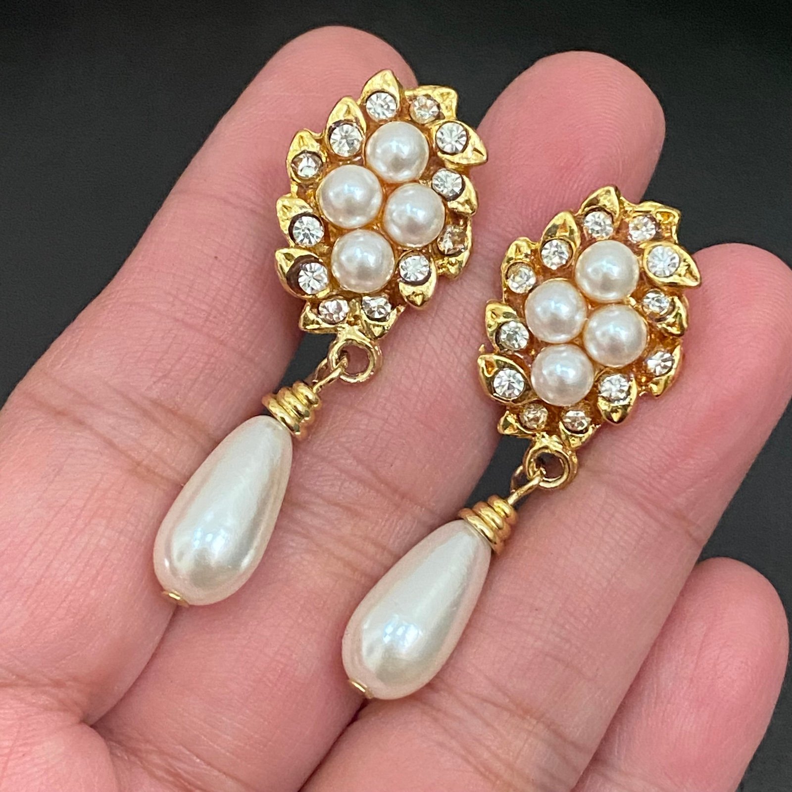 Vintage Faux Pearl Rhinestones Victorian Wedding Teardrop Clip Earrings