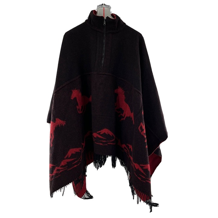 Italian Merino Wool Horse Poncho Women's Reversible One Size Fringe Southwestern