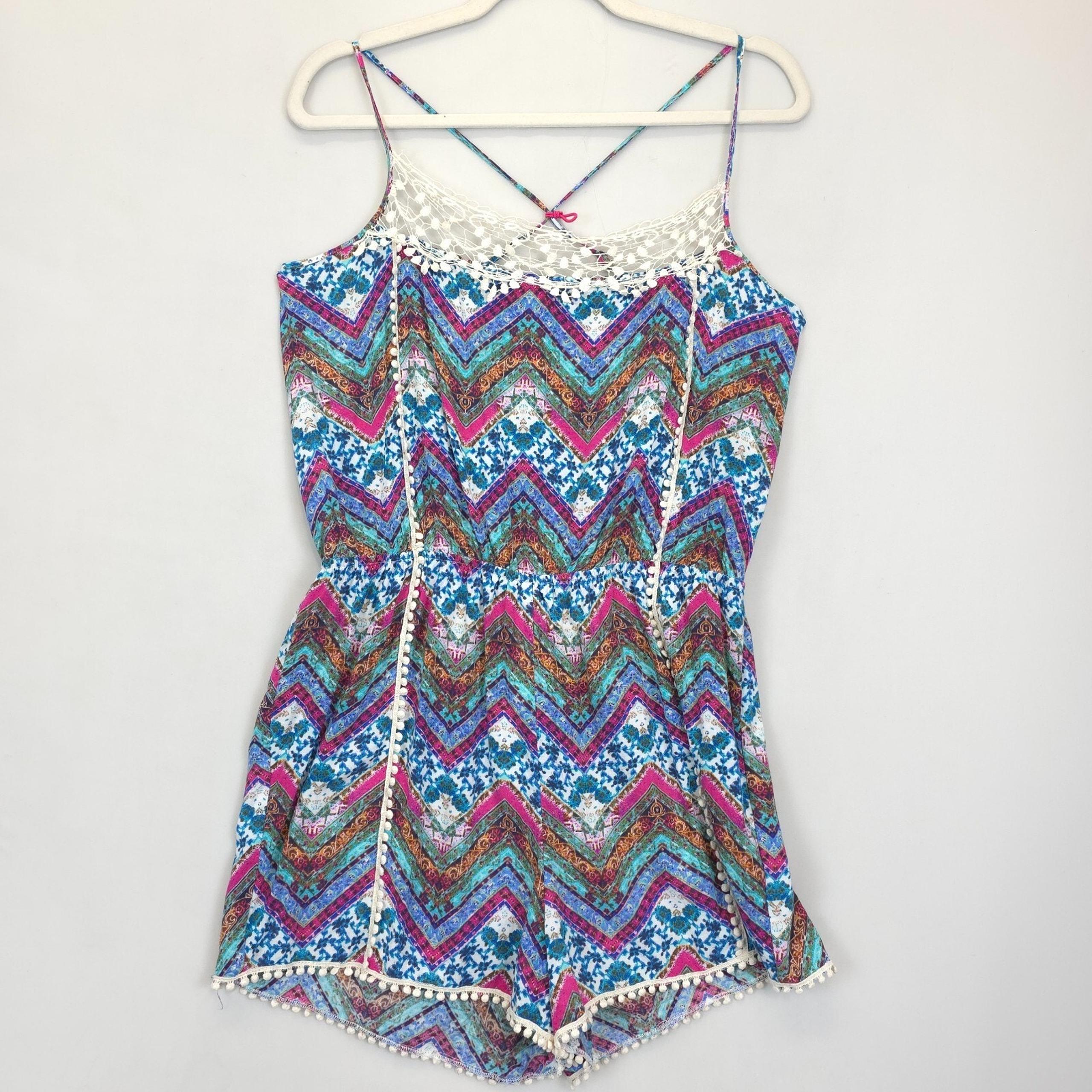 Pink Rose Romper Spaghetti Strap Lace Trim Chevron Women L Multicolor Beachy