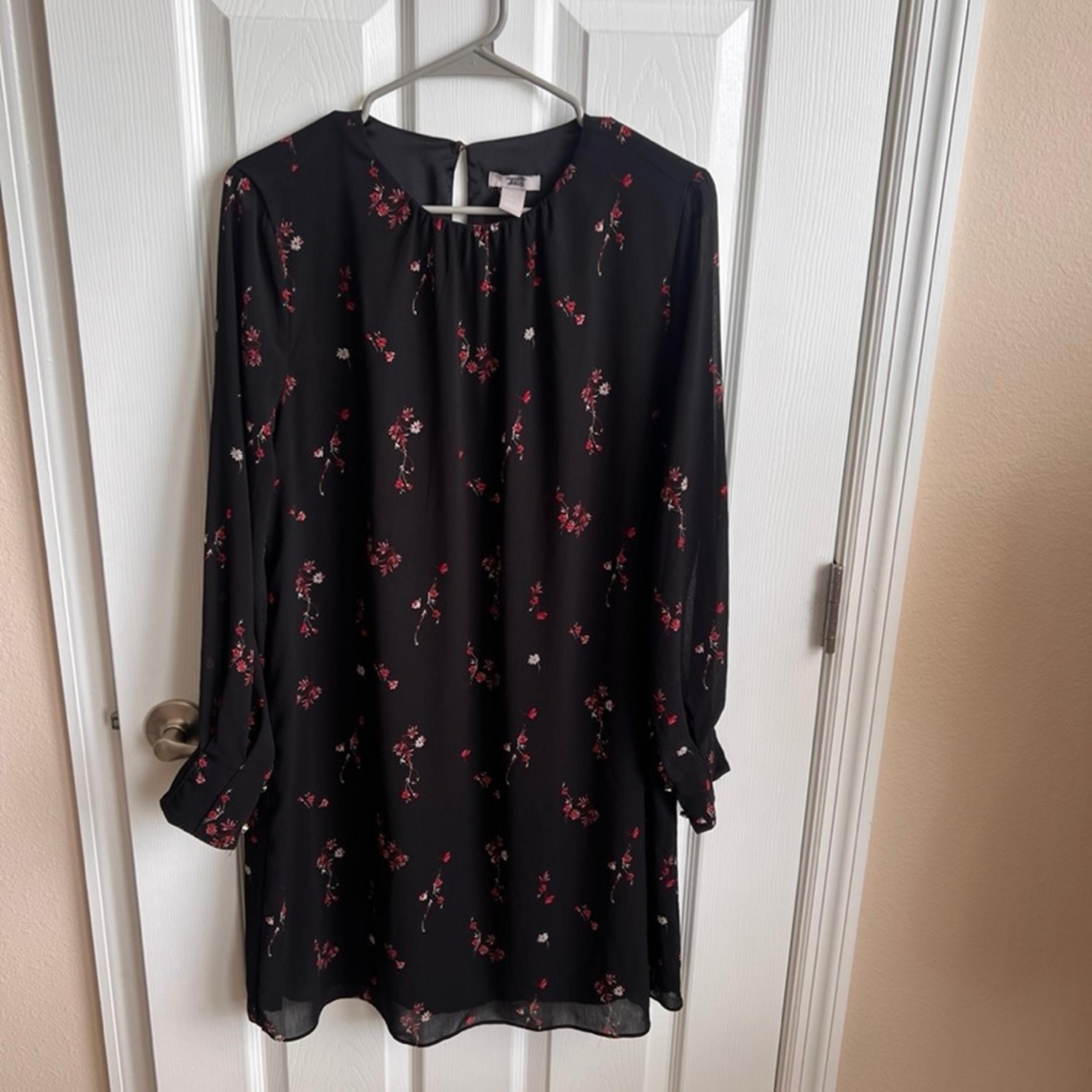 H&M Floral Print Long Sleeve Mini Dress Button Cuff Black Size 10