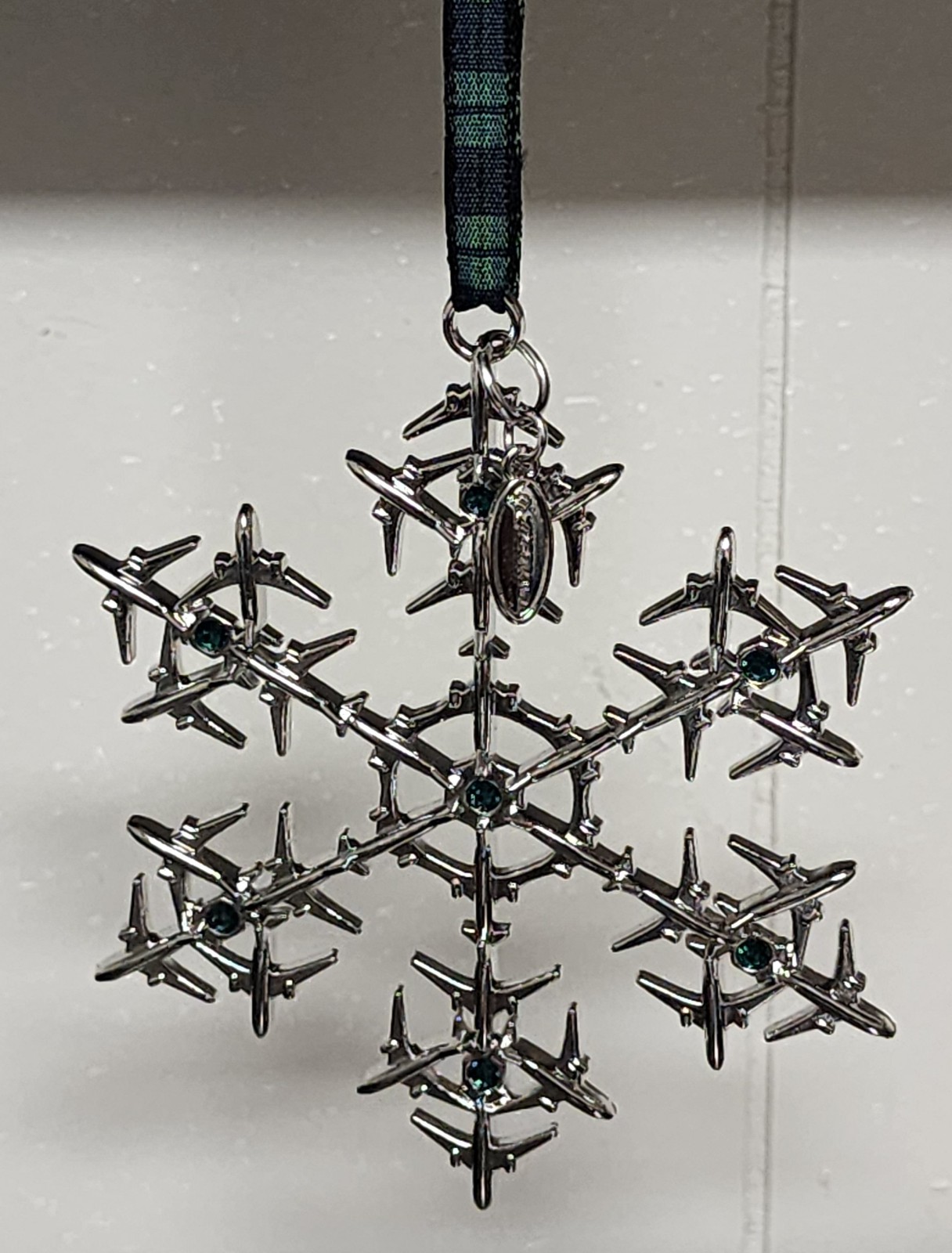 BOEING 2020 JET SNOWFLAKE w/ Green SWAROVSKI Crystals Christmas Ornament NIB