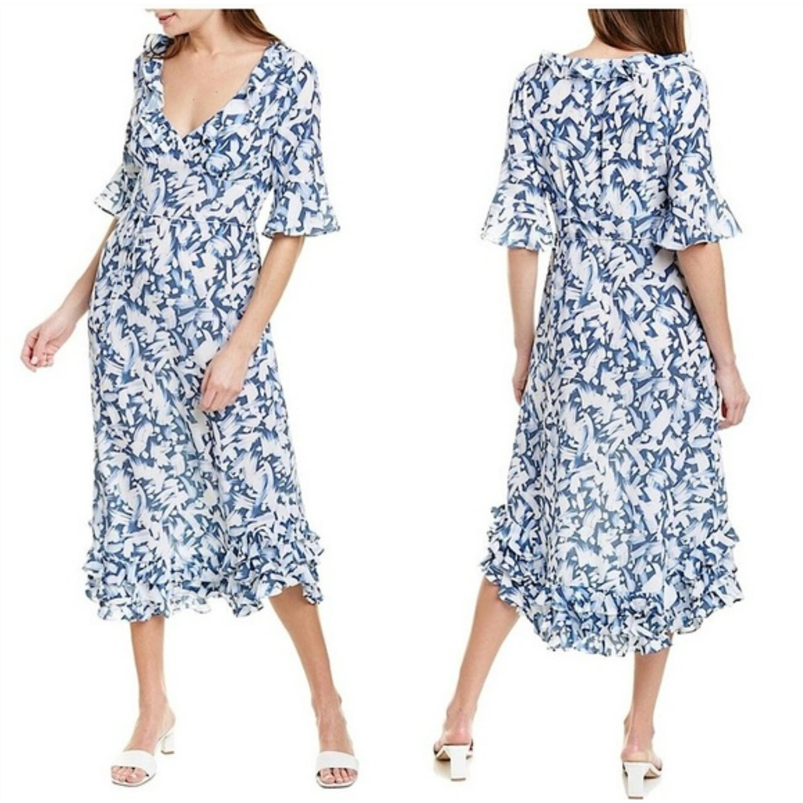 Tyler Boe Isabella Blue White Print Ruffle Silk Midi Dress Women's Size M
