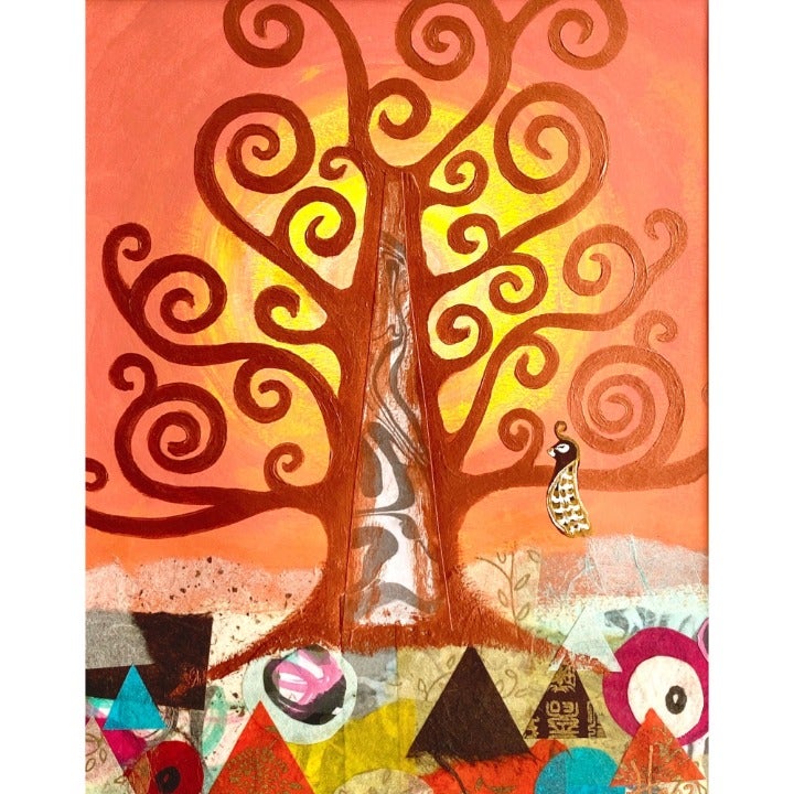 Original Art “Tree of Life” Mixed Media Artwork Acrylic Collage Painting 11 x14