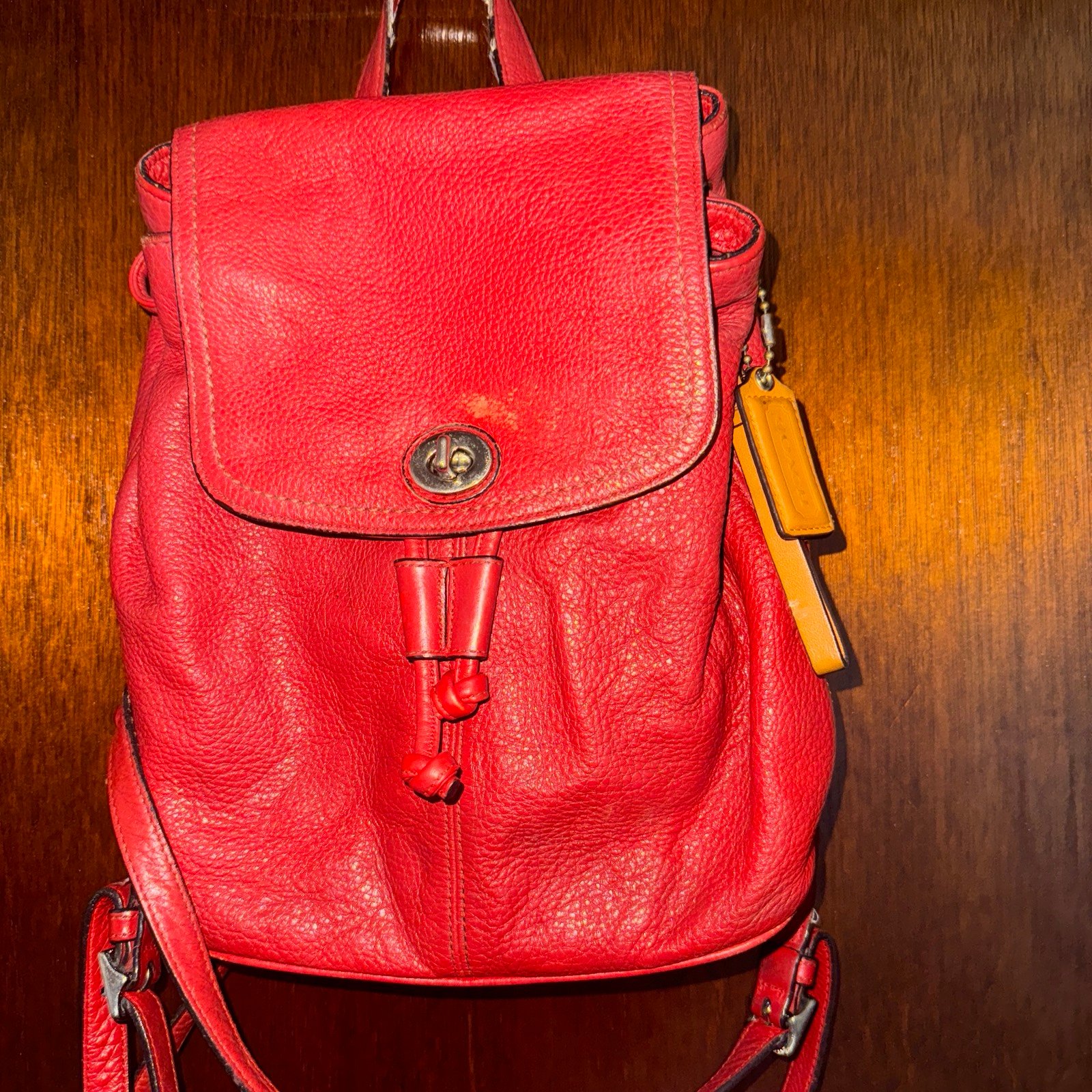 Coach leather red backpack with draw string
