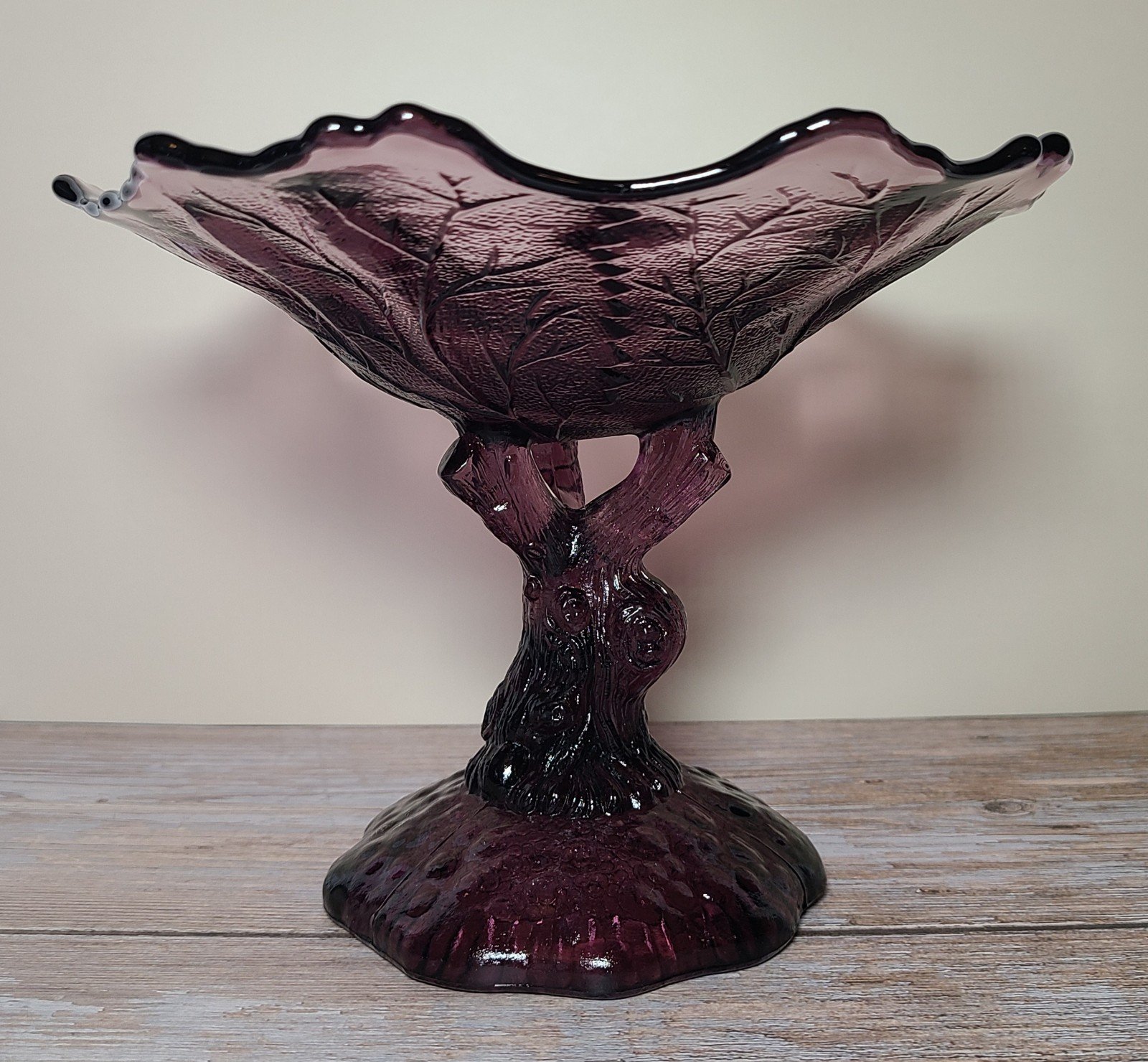 Portieux Vallerysthal Amethyst Glass Botanical Tree Trunk Pedestal Compote VTG