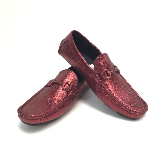 Amali Men's Burgundy Moccasins Slip-on Crackled Metallic Silver Buckle Size 8.5