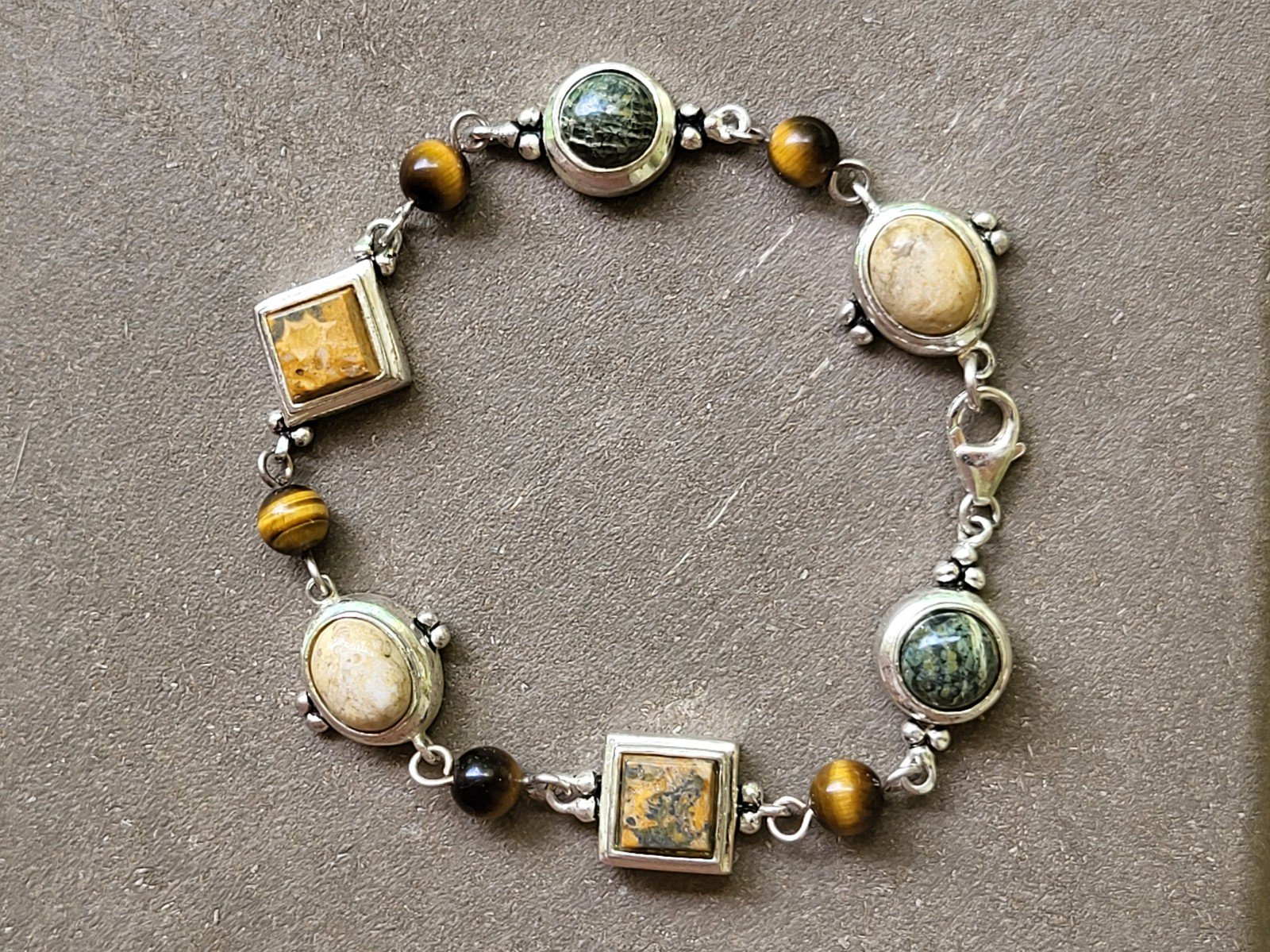 Vintage Sterling Silver Jasper And Tiger Eye Bracelet