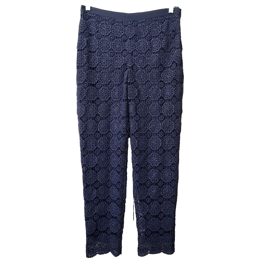 St. John Couture Emma Fit Blue Brocade Ribbon Waist Side Zip Pants SIze 6