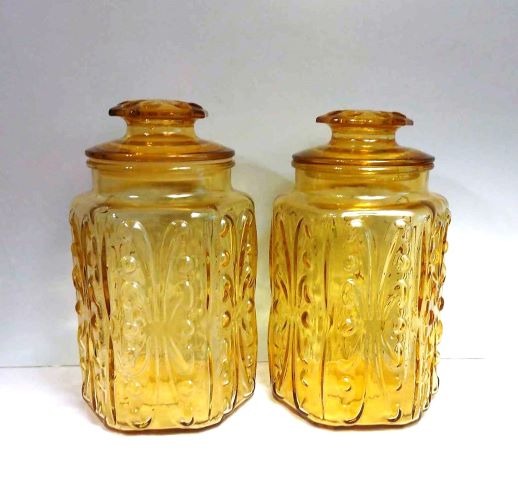 Vintage Federal Glass Show Off Honey Gold Canisters Set of Two