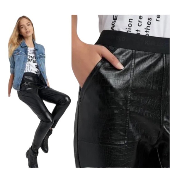 KARL LAGERFELD PARIS BLACK VEGAN LEATHER CROC PRINT ELASTIC BAND PANTS SIZE XL