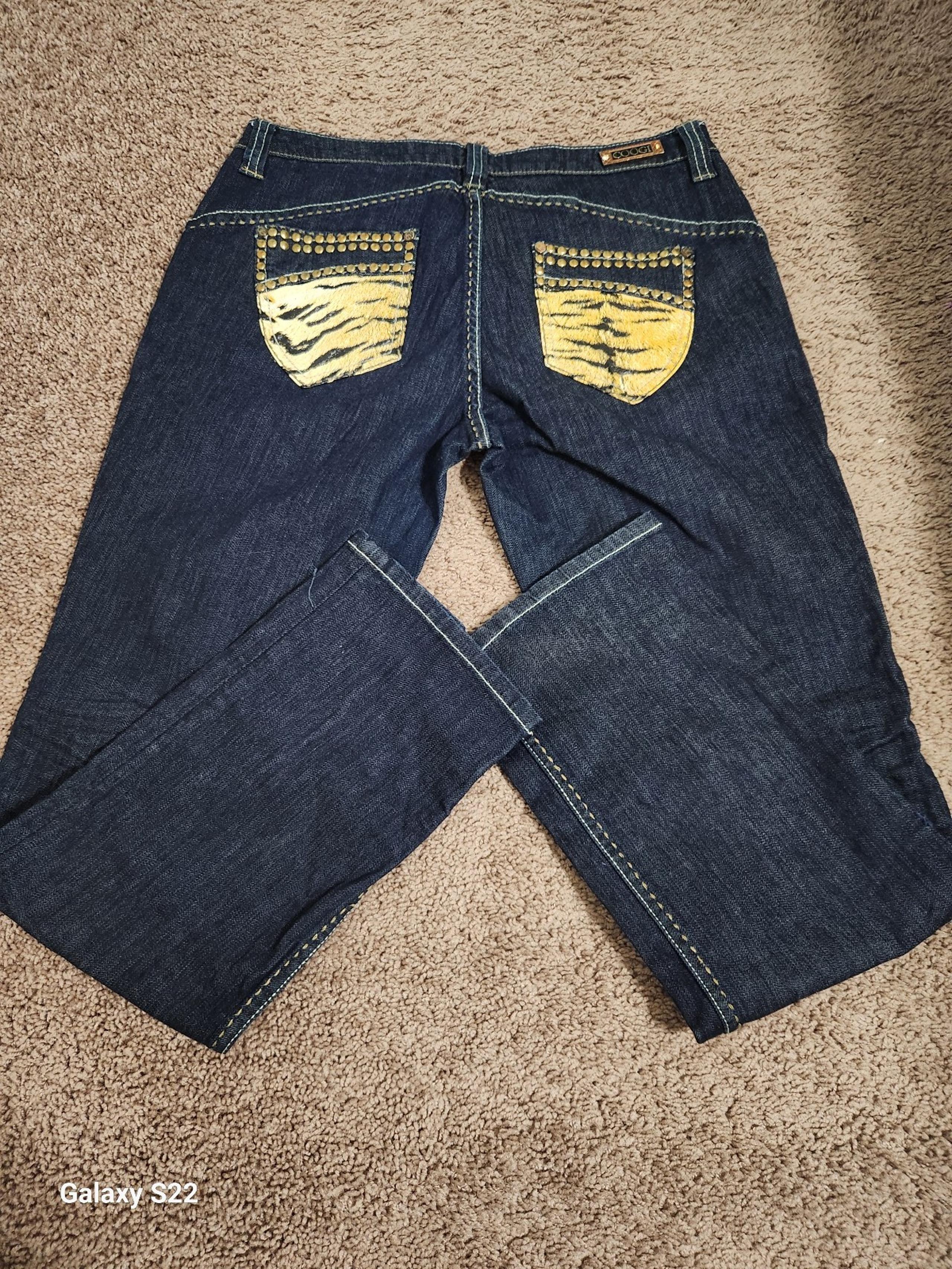 Coogi Womens Denim Jeans. Dark Blue  Yellow Zebra Print. Size 15/16