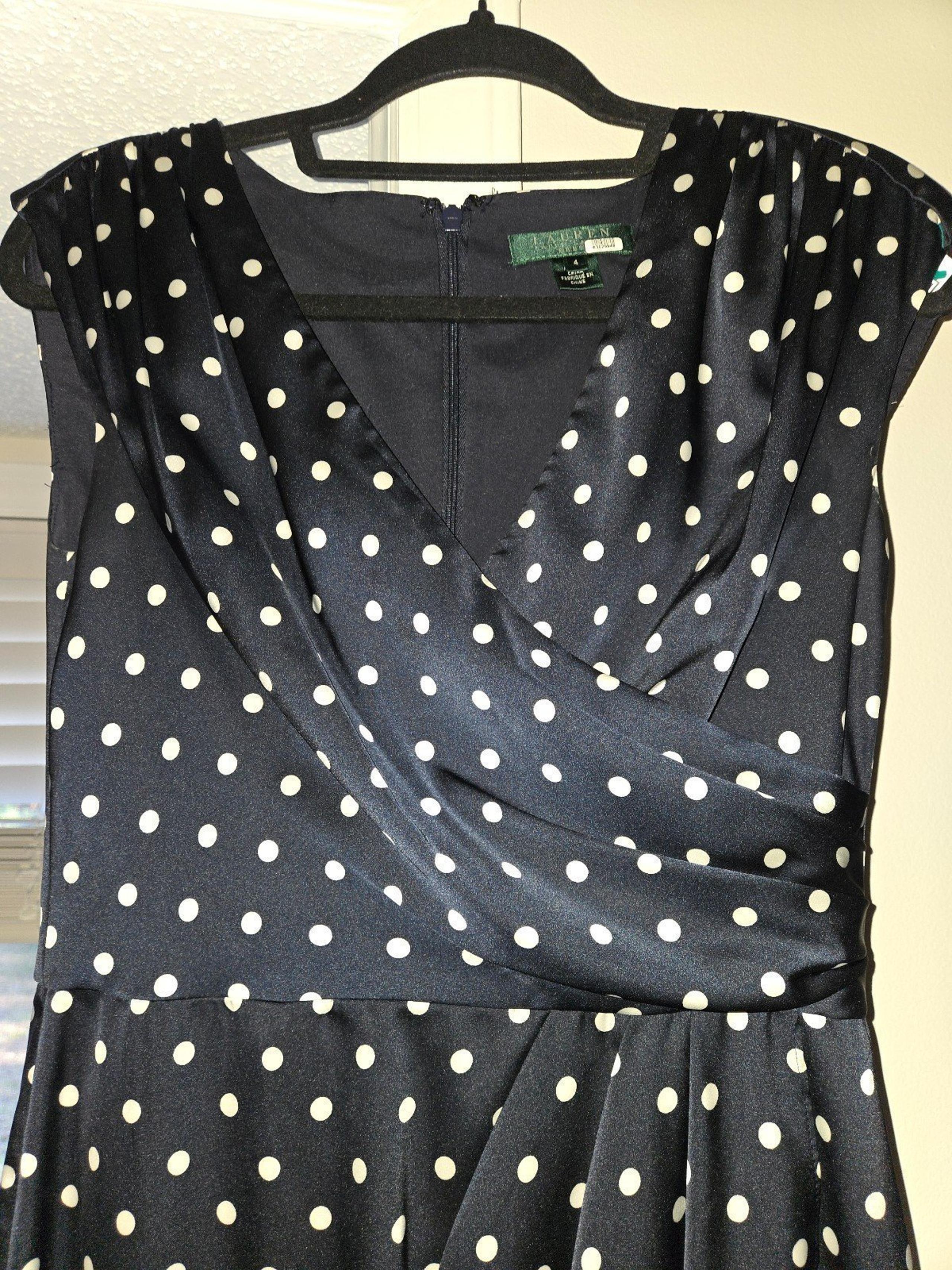 Ralph Lauren Dress Women 4 Navy w White Polka Dot Midi V Neck Easter Work Office