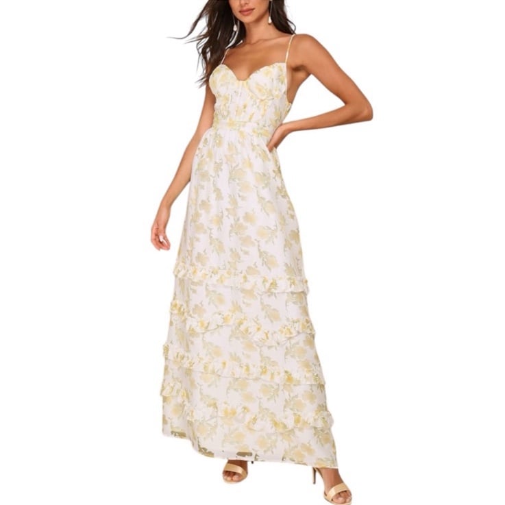 NWT Lulu's Gorgeous Occasion Cream Floral Burnout Lace-Up Tiered Maxi Dress