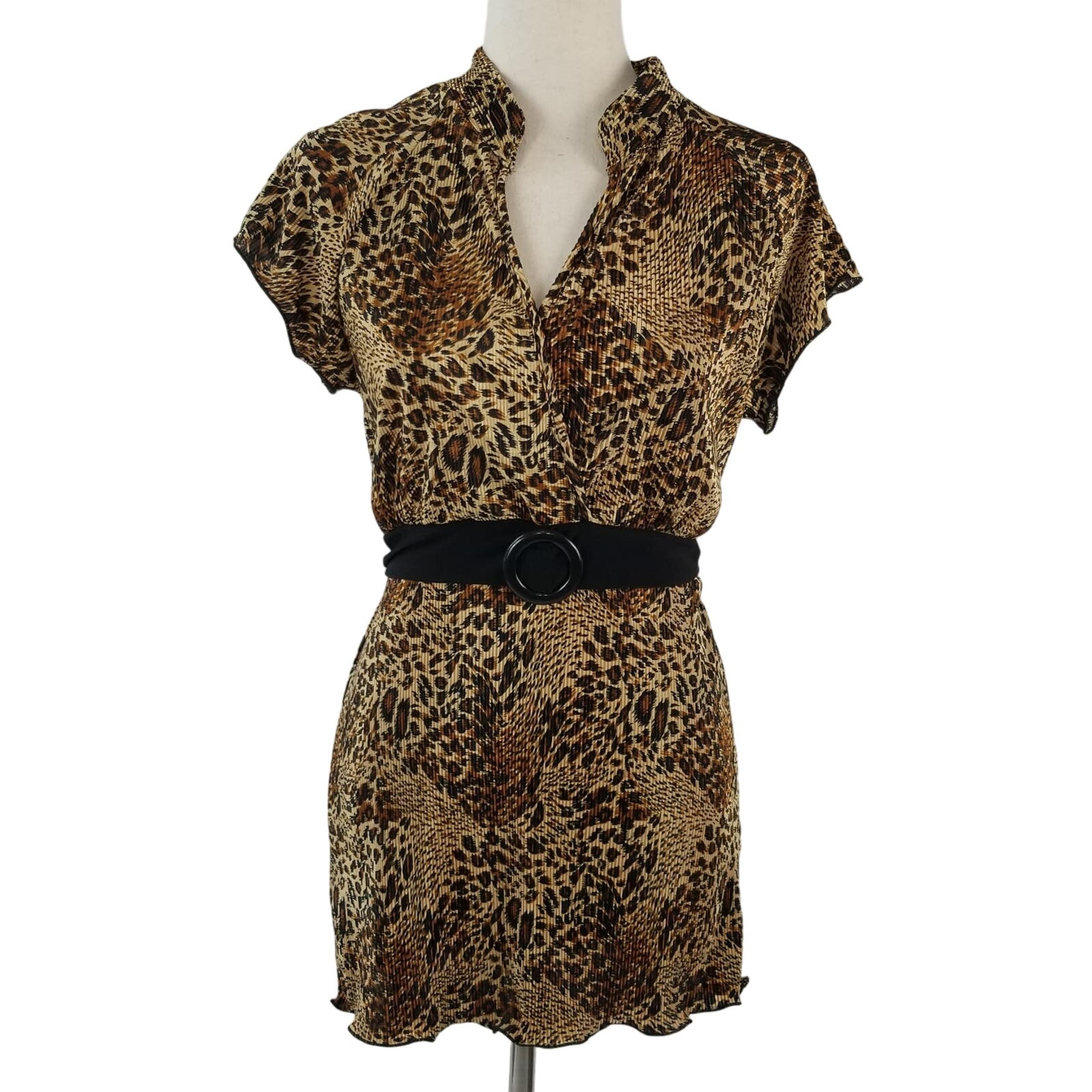 Brittany   Brown Black Gold Animal Print Vintage Pleated Tunic Top Tie Waist  M