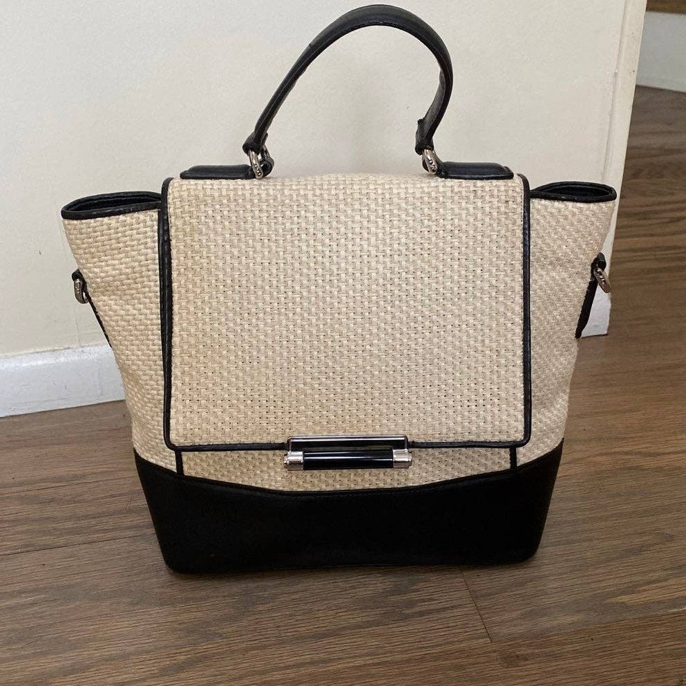 Diane Von Furstenberg Woven Rattan and Black Leather Satchel