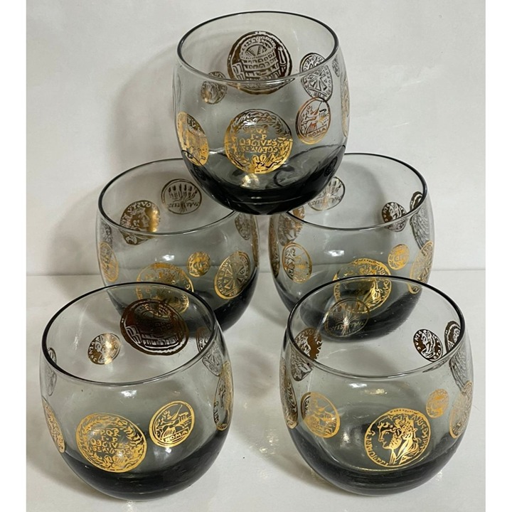 Set 5 Roly Poly Cocktail Roman Coins Mid Century Gold Smoky Glass Round Barware