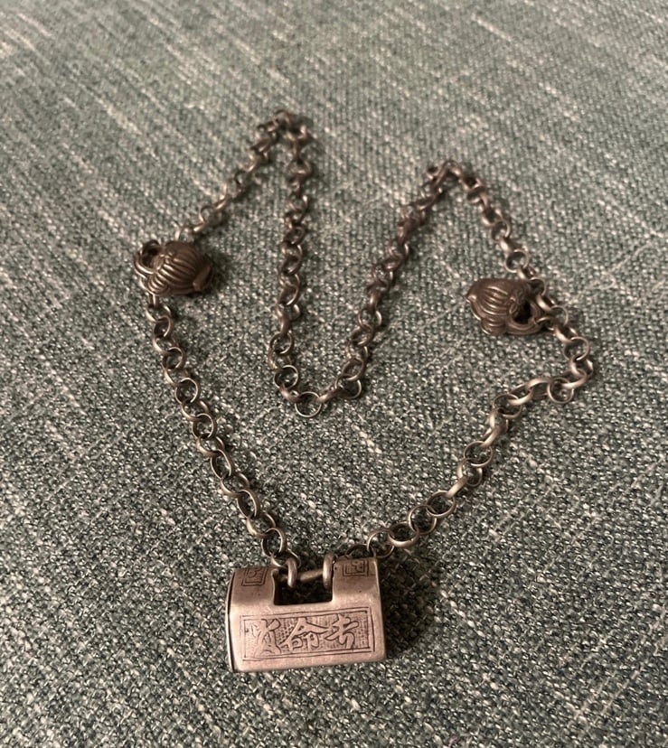 Vintage Antique Chinese Silver Lock Bells Necklace Rare