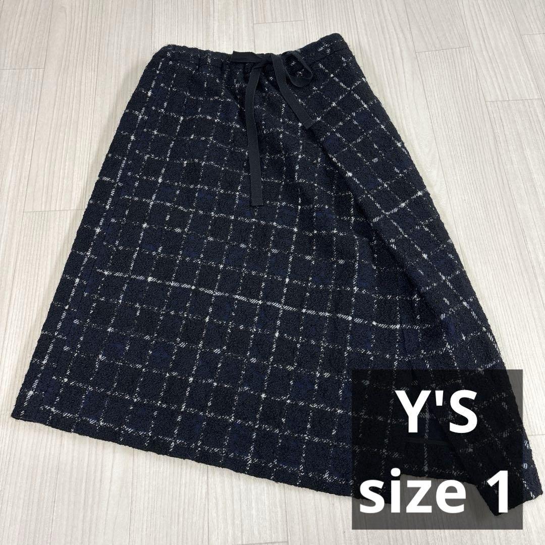 Y'S Windowpane Navy Check Flare Skirt