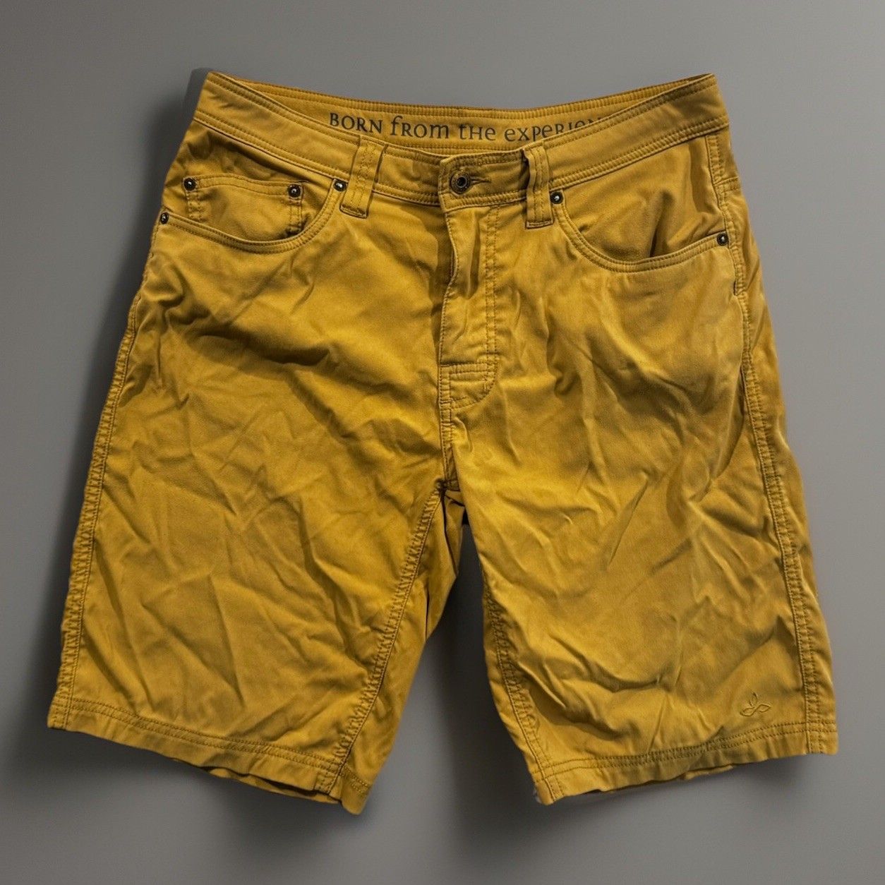 Prana Mens Brion Hiking Short Sz 32 Ochre Yellow Active Outdoor Camp 11” Inseam