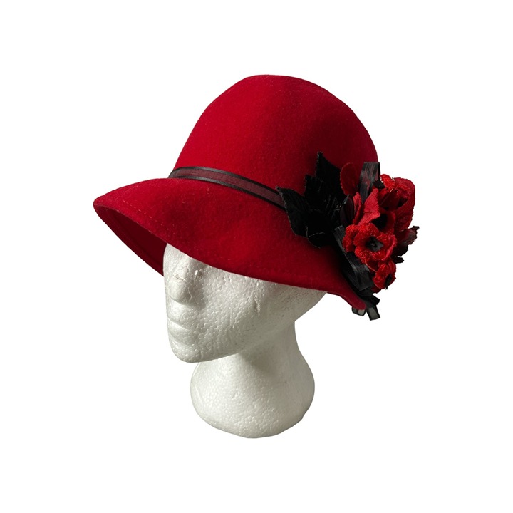 Vintage Jennifer Circelli Millinery Red Wood Cloche Hat Flower Mix on Side