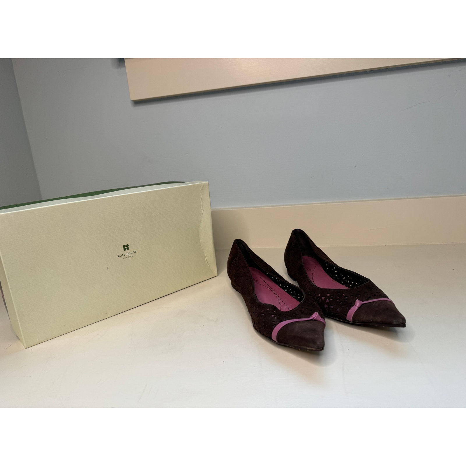 Kate Spade Denise Chocolate Suede Flats with Pink Accent Bow