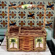 Vintage Wicker Country Utensil/Napkin Caddy w/Tropical Trees and Ceramic Tiles