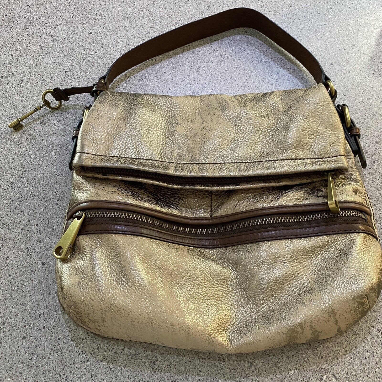 Fossil Distressed Gold Fold Over Leather Handbag Shoulder Bag Purse