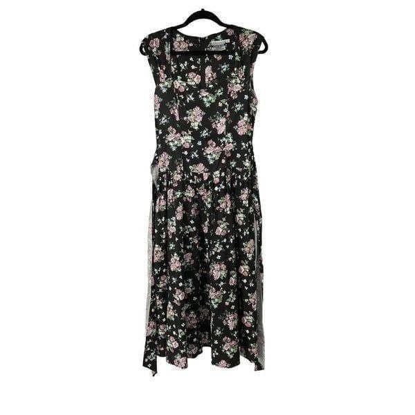 Vintage 80's Joni Blair Black Floral Sweetheart Neckline Midi Dress