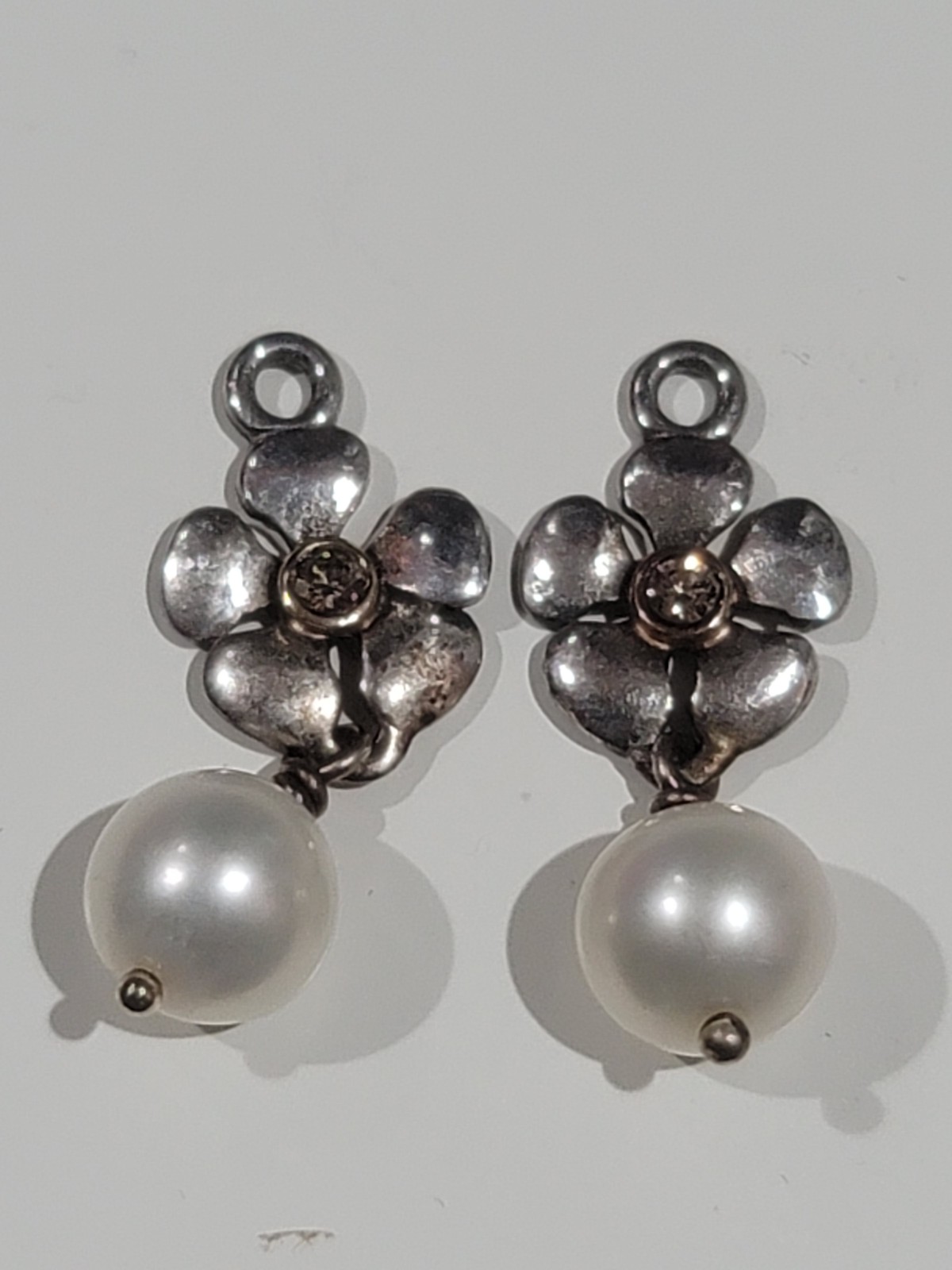 100% Authentic Pandora two toned white pearl w/ diamonds compose earrings