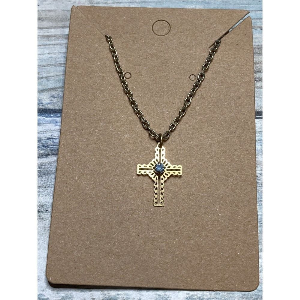Filigree Cross Aqua Blue Crystal Necklace 18 Gold Tone Chain