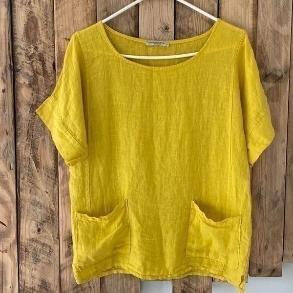 Francesca Bettini Women’s Yellow Mustard Lagenlook Linen Top Pocket Sz Small