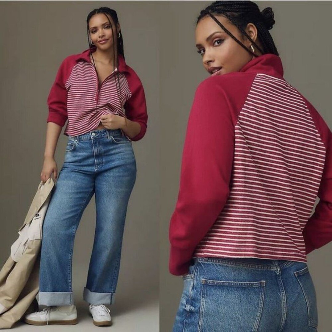 Anthropologie Pilcro Sweatshirt Collared Half-Zip Long Sleeve Basic Stripe M