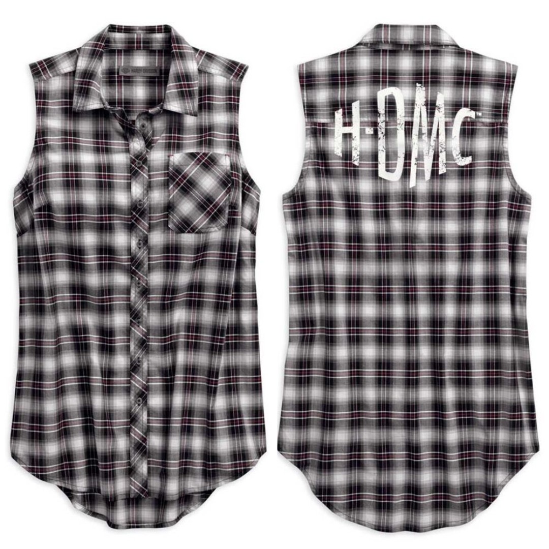 EUC! Harley-Davidson Women's Distressed HDMC Sleeveless Plaid Woven Shirt 18-19”