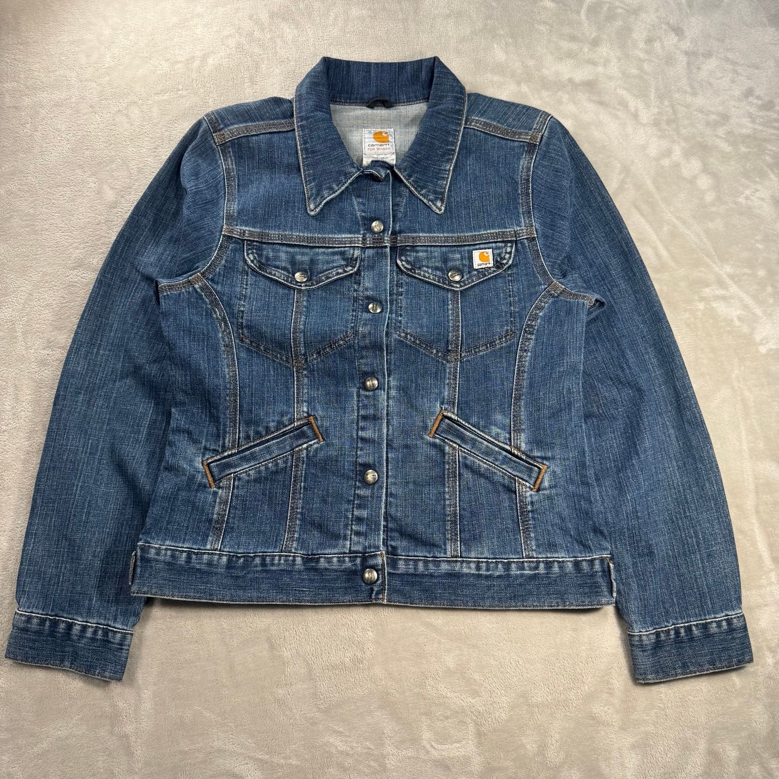 Carhartt Women's Denim Jacket Sz S WJ001 F10 Cowgirl Snap Trucker