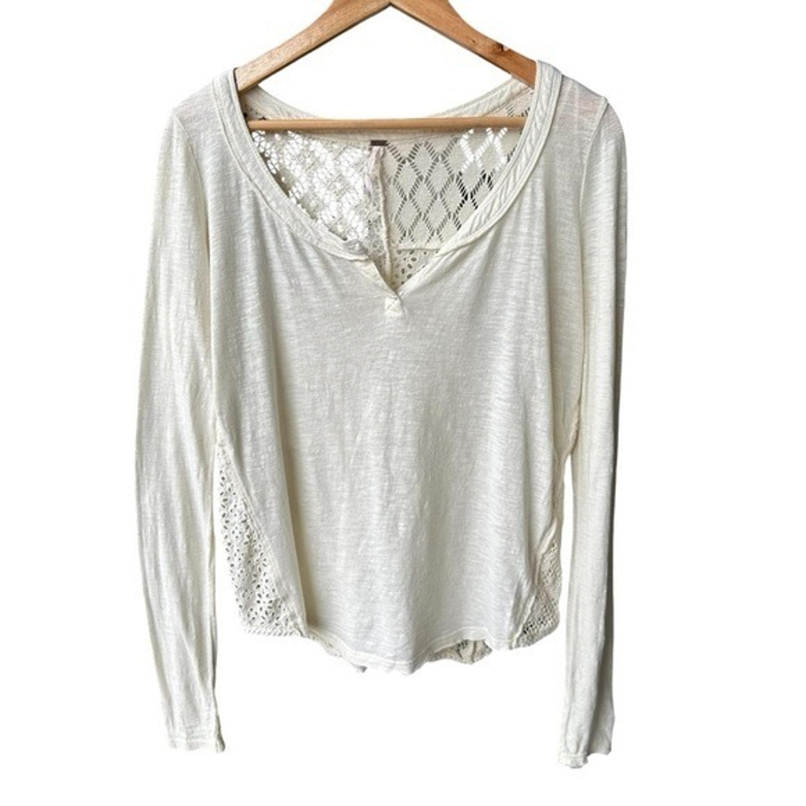 Free People Top Tee Cotton Knit Ivory Lace Patchwork Back Long Sleeve Sz Small