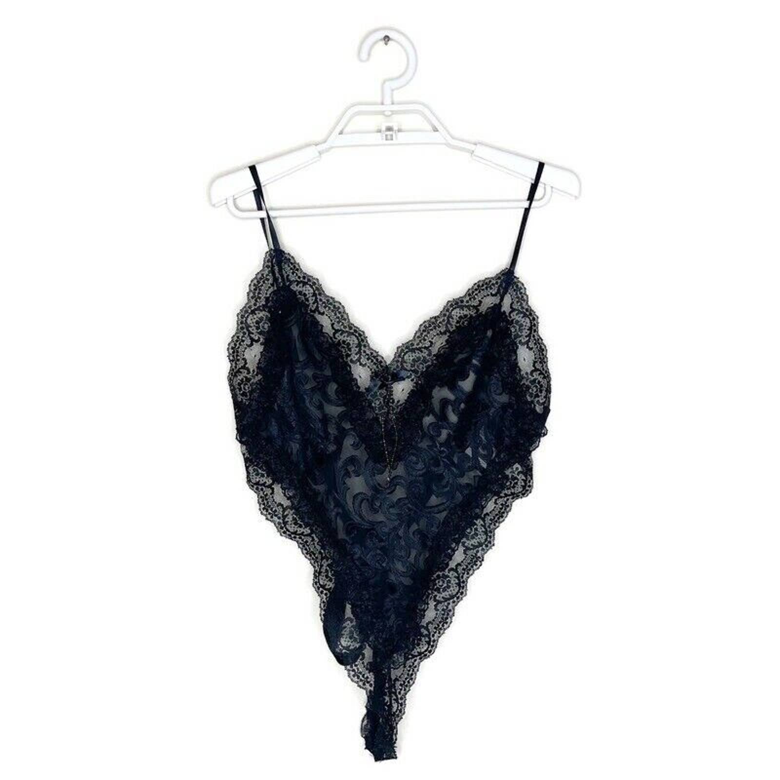 Vtg DELICATES Women's Black Floral Lace Teddy Romper Lingerie Tie Back 80's Sz S