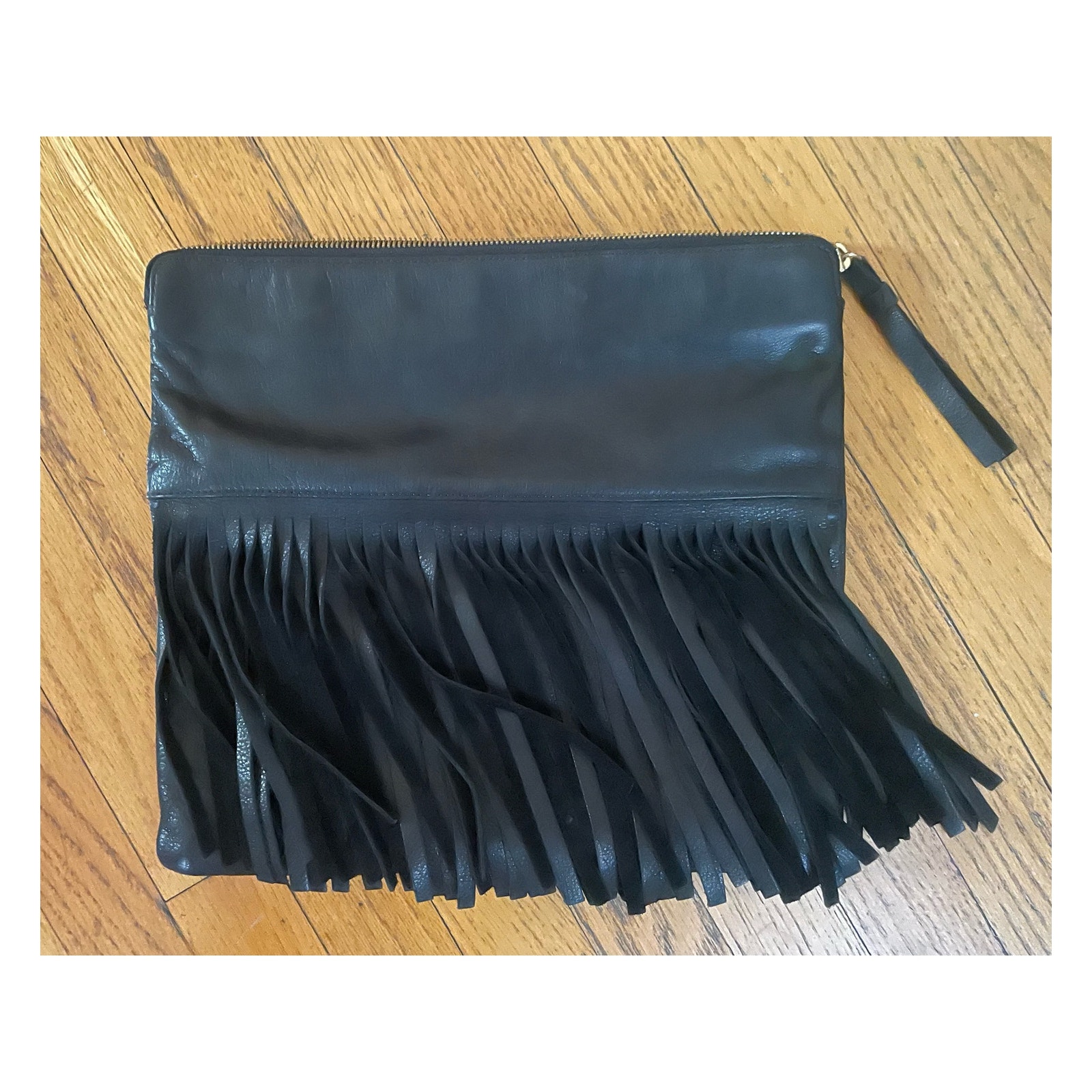 B-LOW THE BELT Black Fringed Foldover Leather Clutch Purse