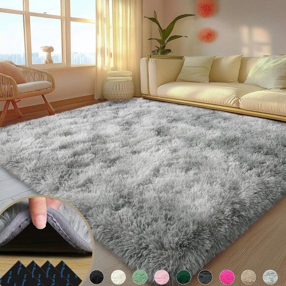 New 5x7 Fluffy Grey Rug, Soft Shaggy Area Carpet with Non-Slip Pads for Bedroom