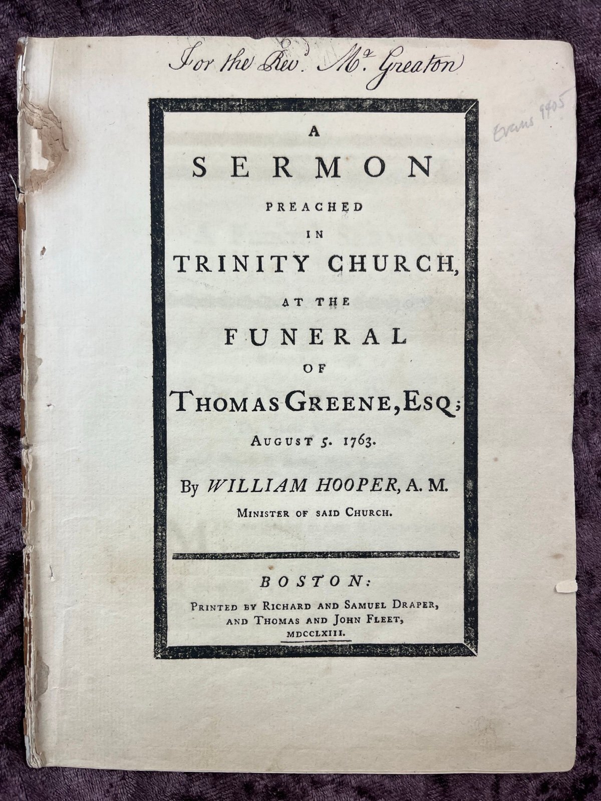 1763 4to 1st Ed. Pamphlet By William Hooper-Owned By Rev. James Greaton