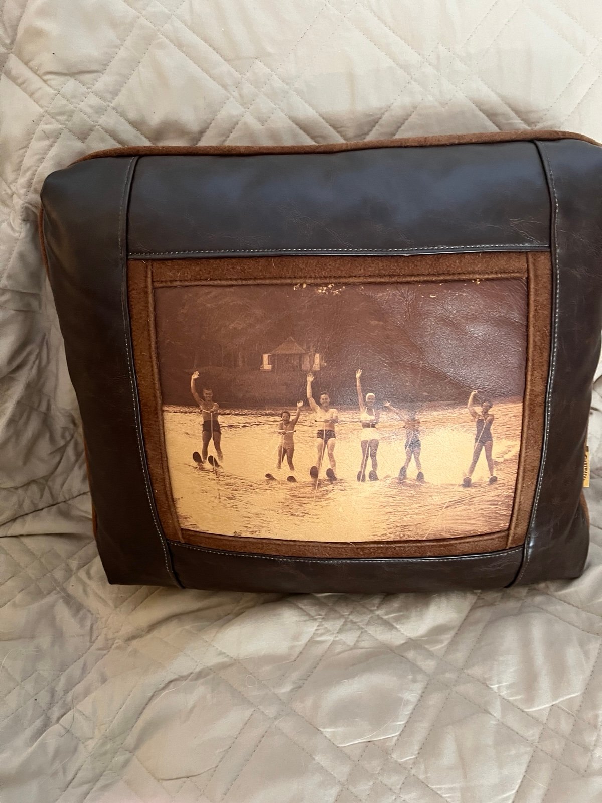 Sweetwater Trading Company artistic pillow with water skiers. Cabin rustic
