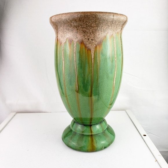 Vintage Green Majolica Glazed Pottery Drip Glaze Footed Pottery Vase