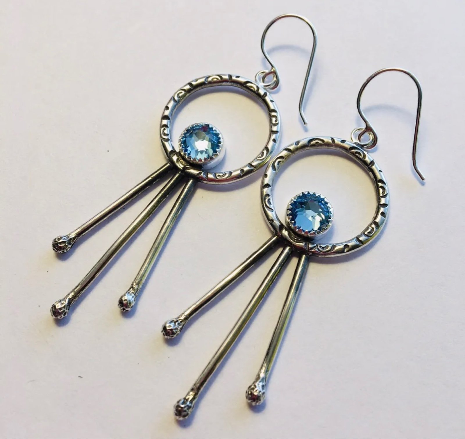 STERLING SILVER HOOP EARRINGS AQUAMARINE SWAROVSKI CRYSTAL ARTISAN MADE SWIRLS