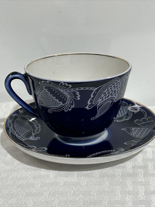 Lomonosov Fine China Teacup and Saucer Cobalt Blue, Gold & White Accents, Russia