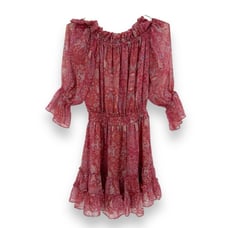 MISA Los Angeles Off the Shoulder Ruffle Mini Dress Pink Printed Chiffon S