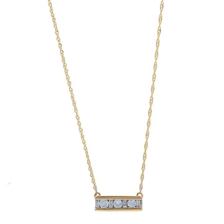 Yellow Gold Diamond Bar Necklace 17 3/4 10k Rnd Baguette .37ctw Channel LX1925