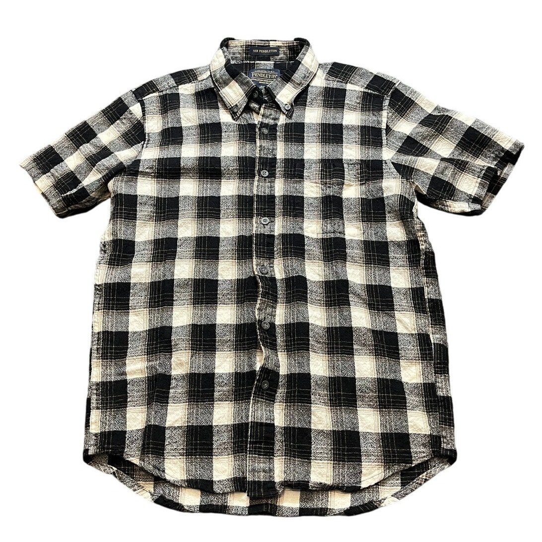 Pendleton Mens 100% Virgin Wool Black White Short Sleeve Button Up Western Med